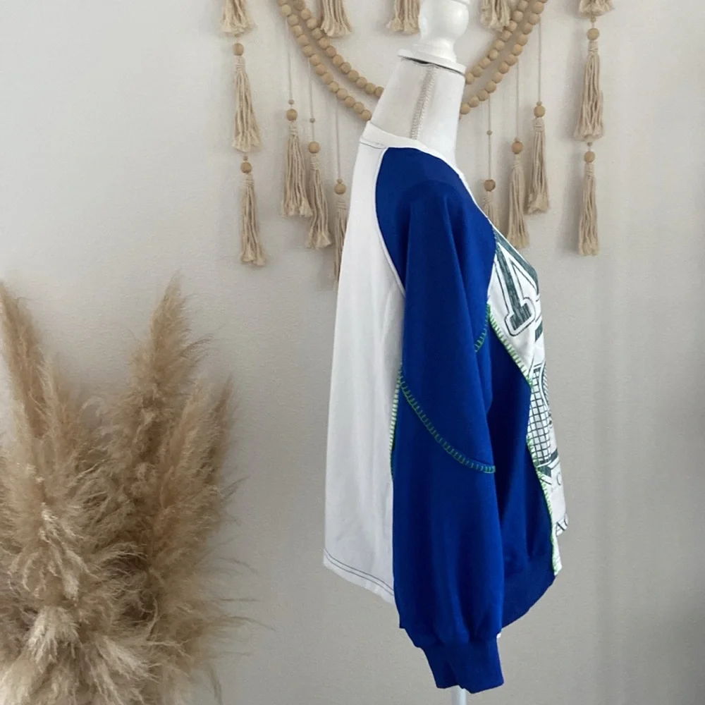 pieced sweatshirt top trendy mixed media long sleeve embroidered blue white M - Picture 7 of 16